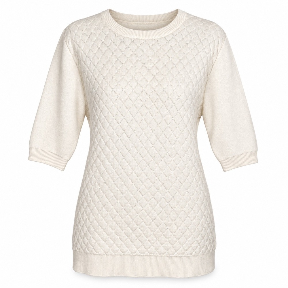 Becken Sweater S Ivory Quilted Crewneck Cashmere Blend Quiet Luxury Preppy Chic